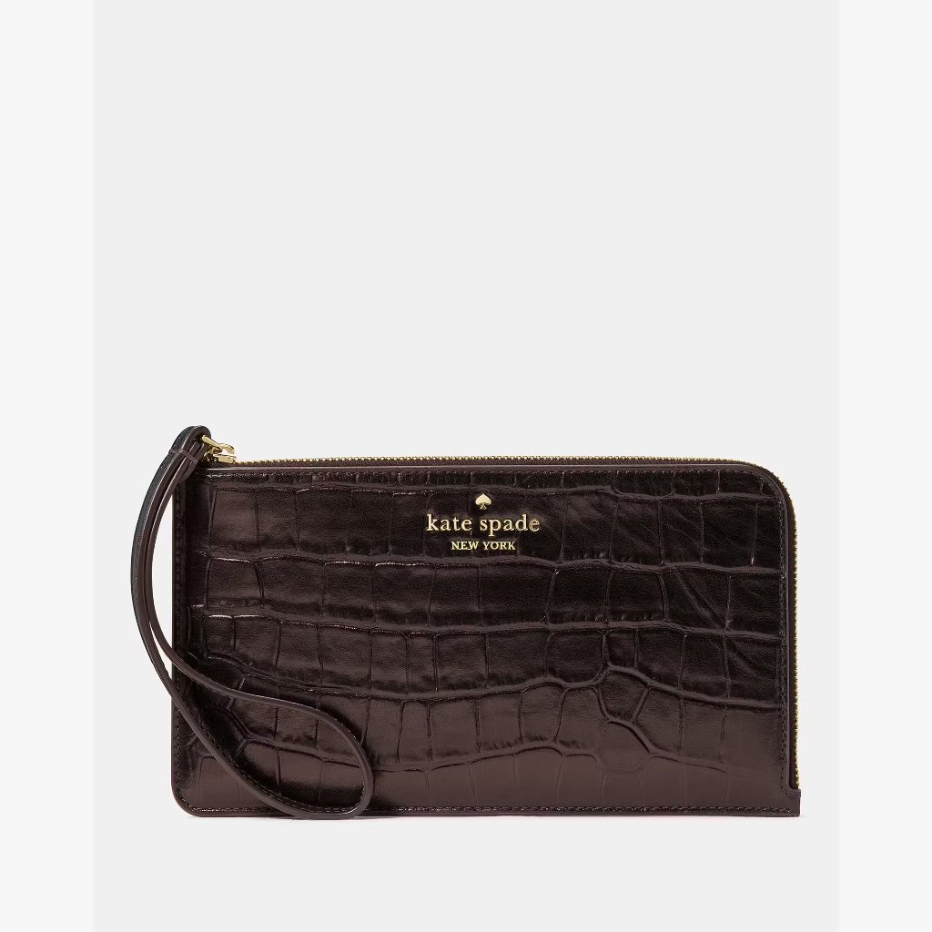 Nwt Kate Spade Lucy Croc Embossed Medium L-Zip Wristlet In Hot Fudge - Msrp $159